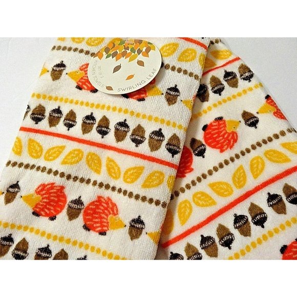 Swirling Leaf Hedgehog Acorn 2 Kitchen Towels Soft Autumn Leaves Fall Print NWT - Picture 2 of 2